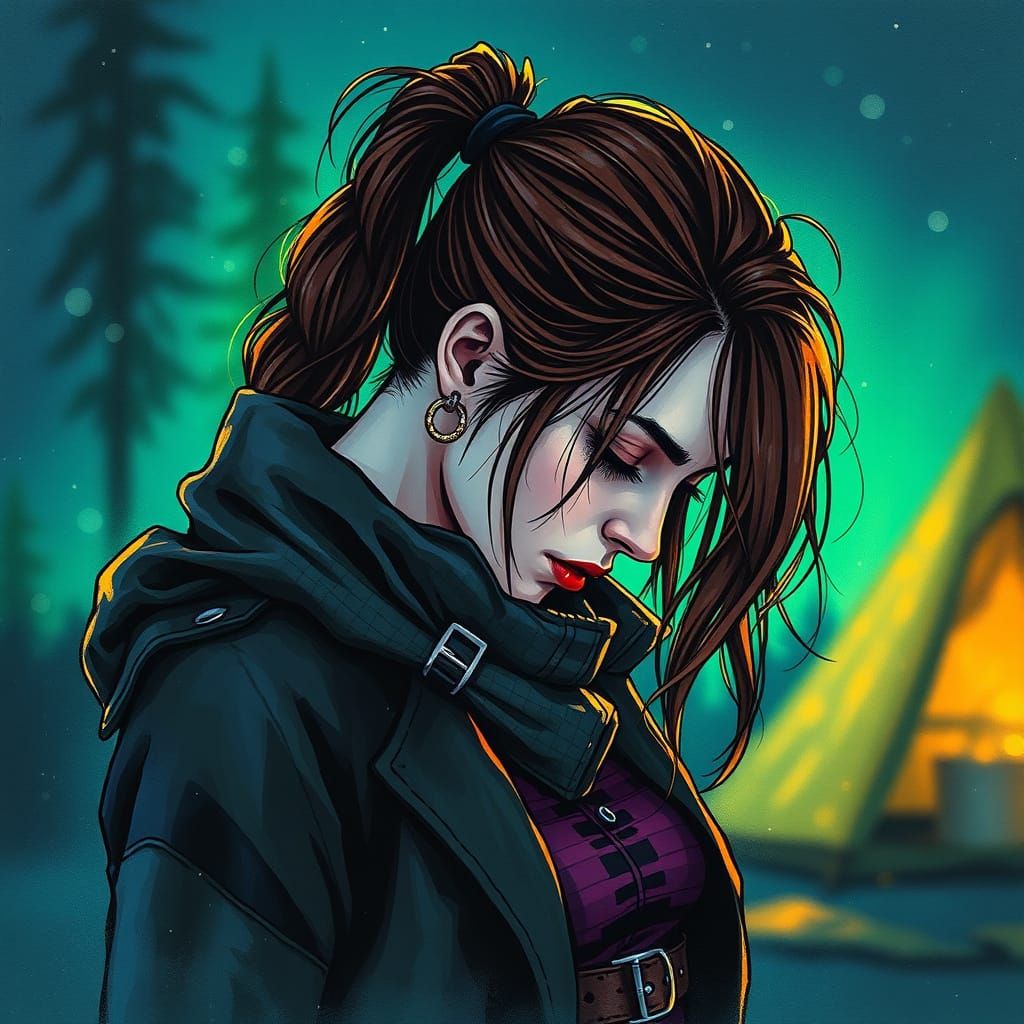 Steampunk Woman Camping in Dark Watercolor Comic Style