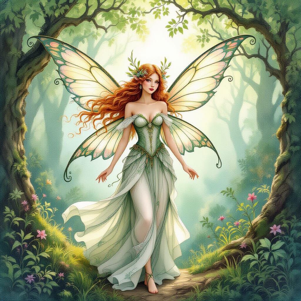 Whimsical Fairy in Forest, Watercolor Illustration