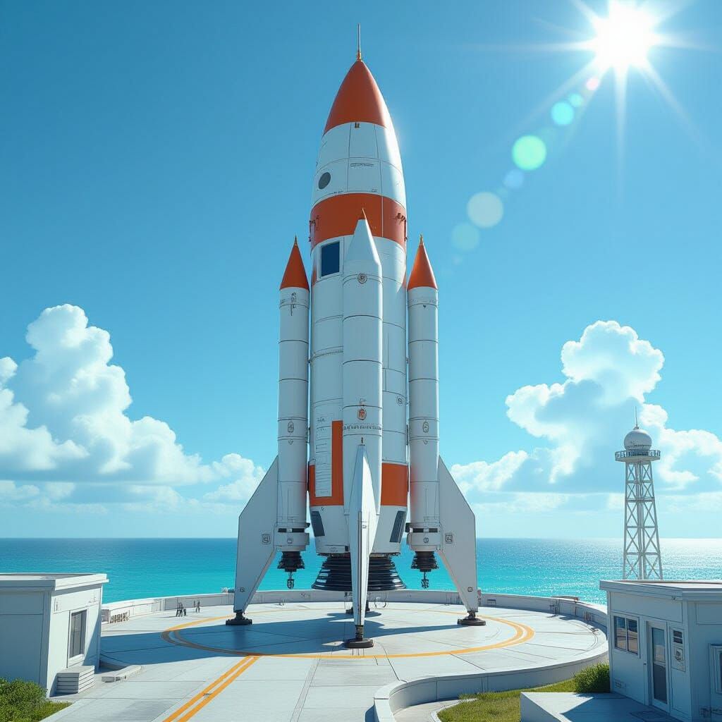 Retro-Futuristic Rocket Launch at Coastal Base