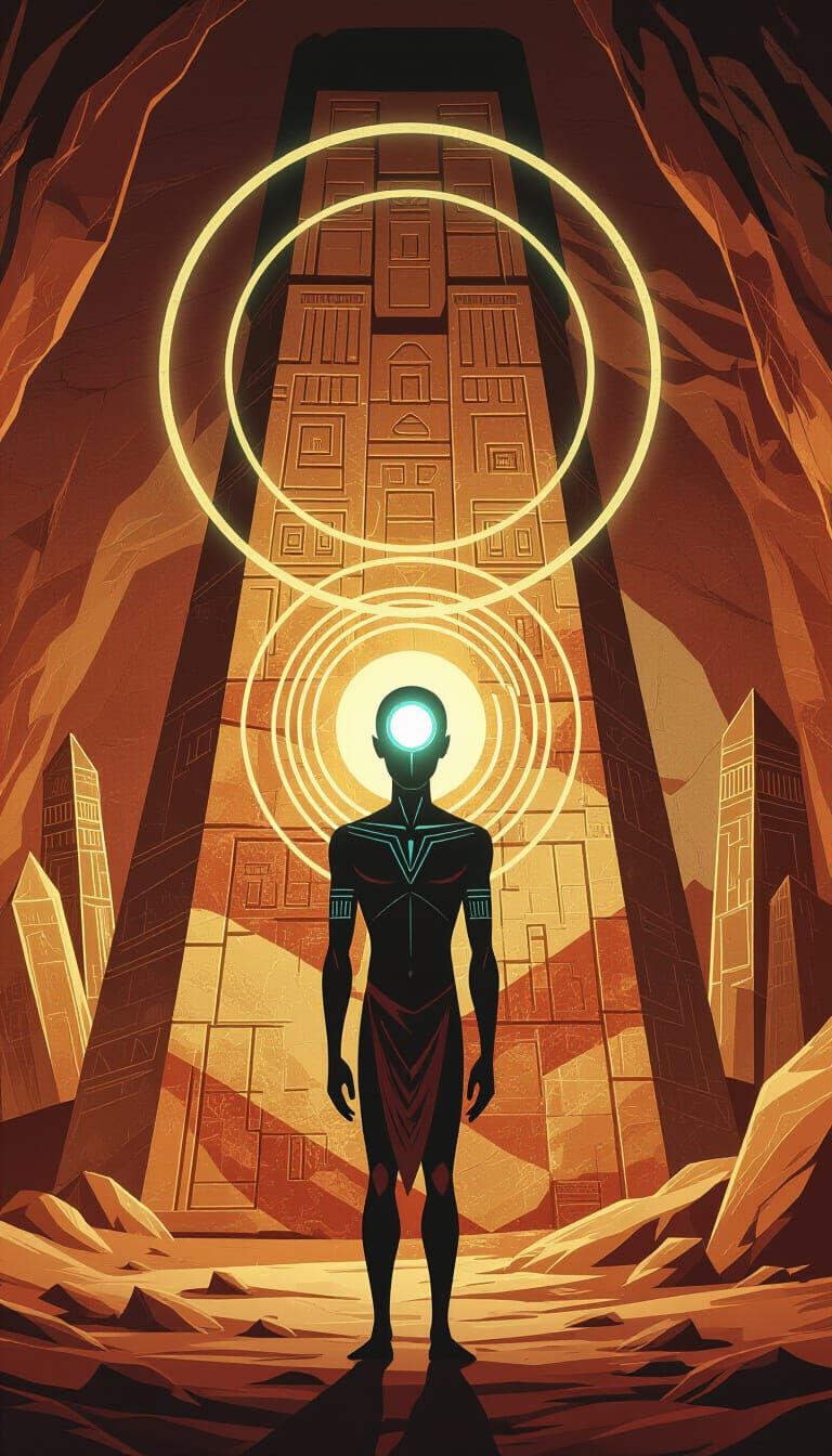 Prehistoric Cave Art: Ethereal Figure with Glowing Head