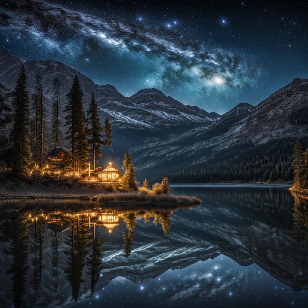 Starry Night Reflection in Lake: Hyperrealistic Image