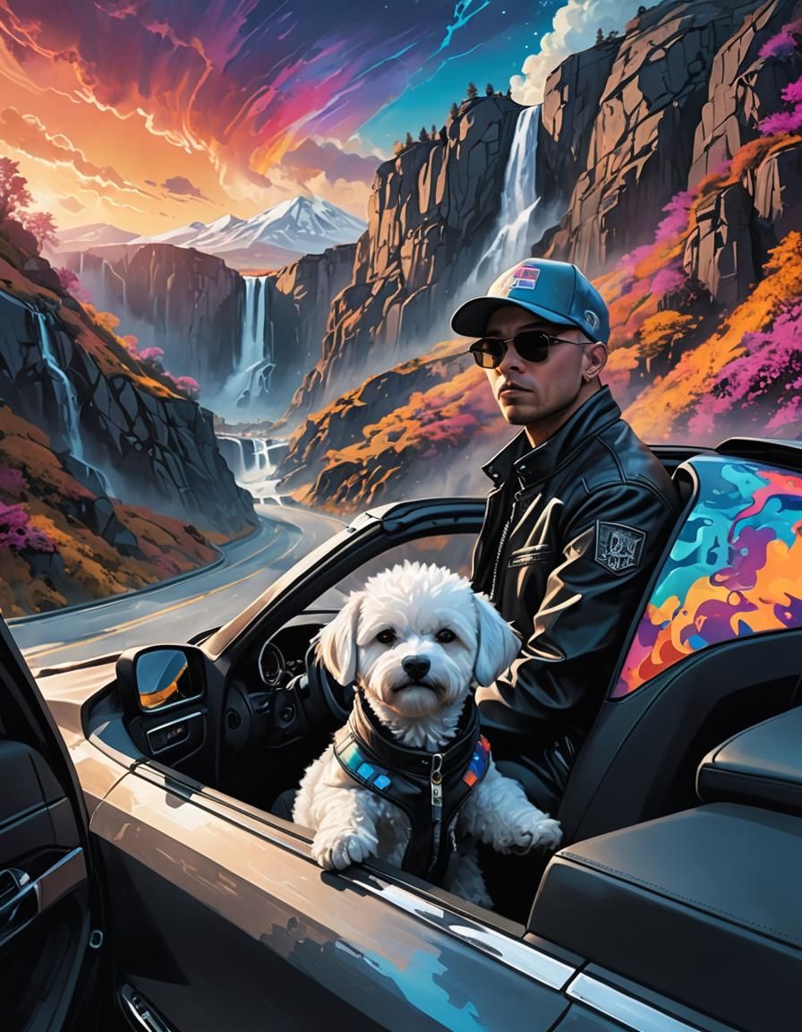 Dog Drives Car on Mountain Road, Fantasy Digital Art