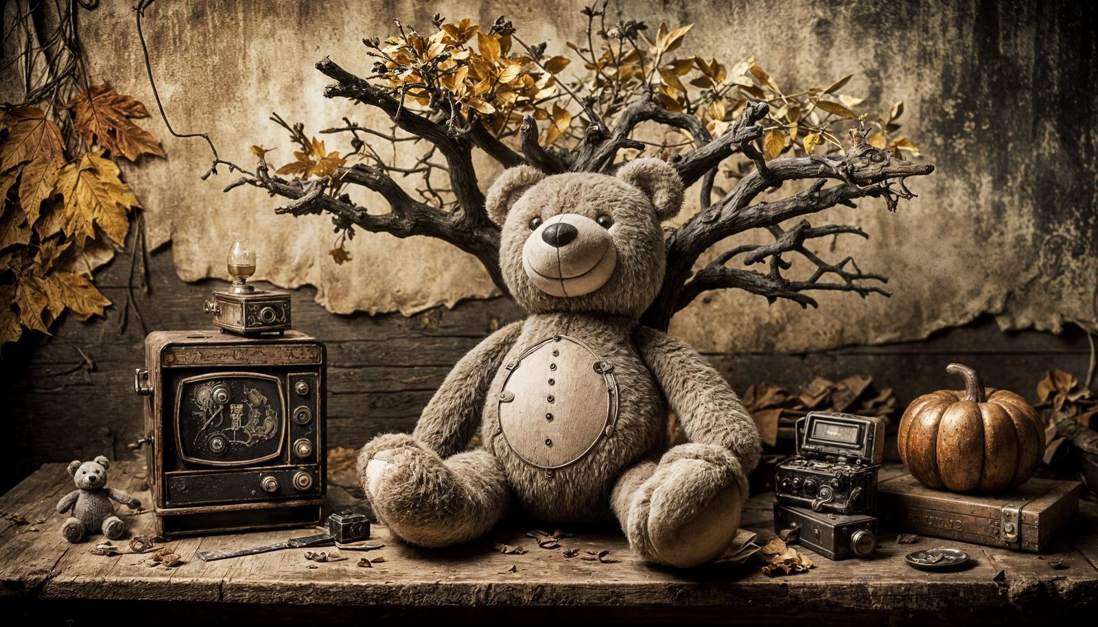 Antique Plush Toy and Autumn Tree in Sepia