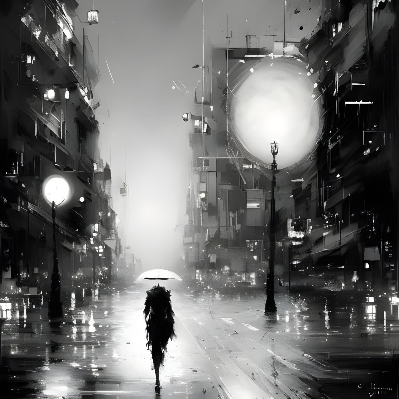 Empty City Street at Night in Black and White