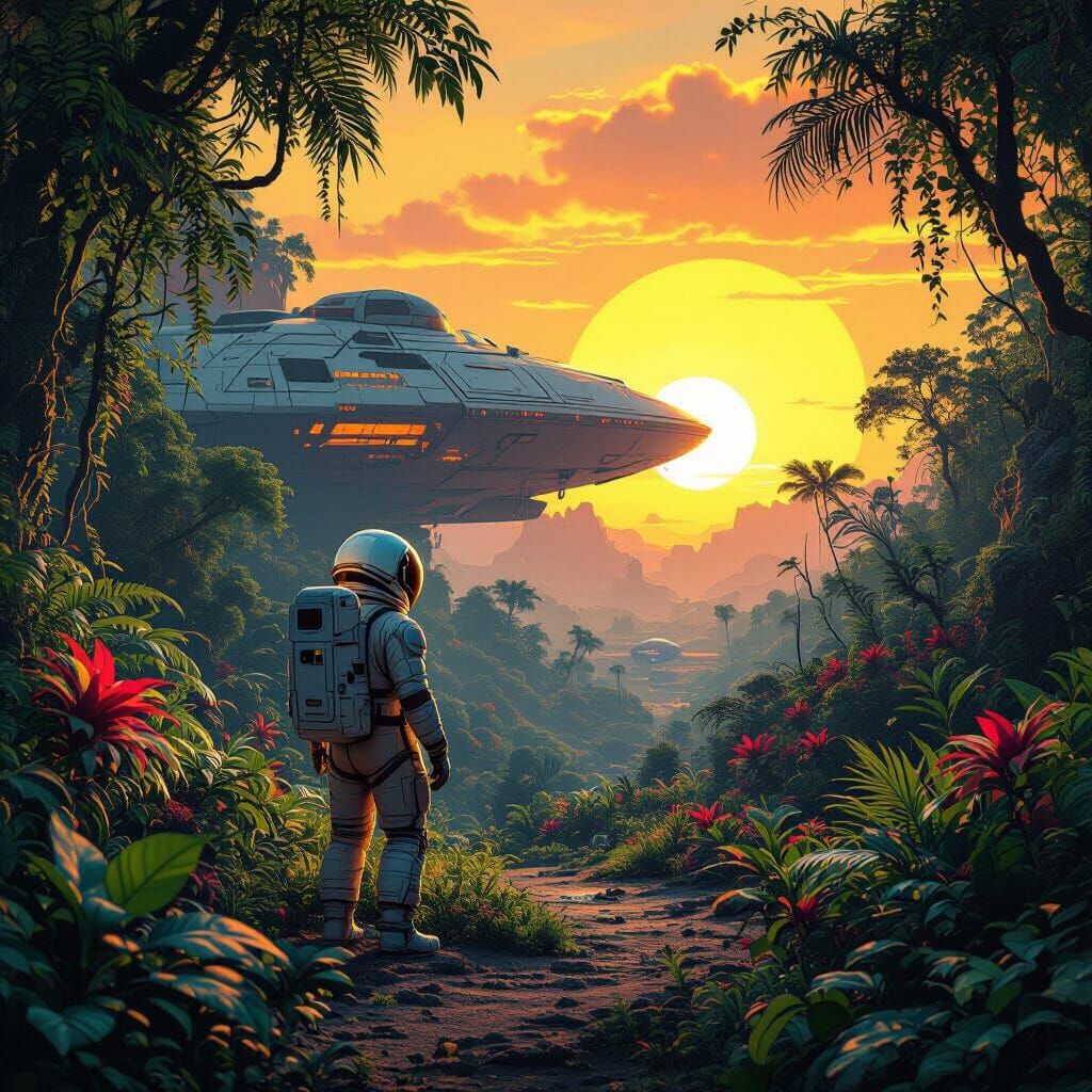 Astronaut Explores Alien Jungle in Retro Sci-Fi Style