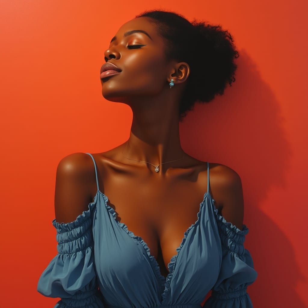 Elegant Black Woman in Acrylic Painting with Orange Backdrop