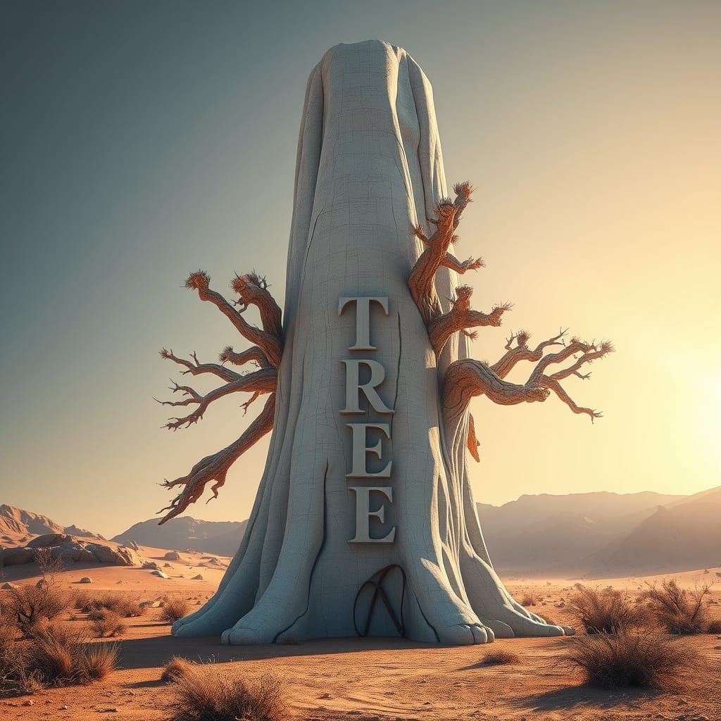 Marble Tree Statue in Arid Desert Landscape