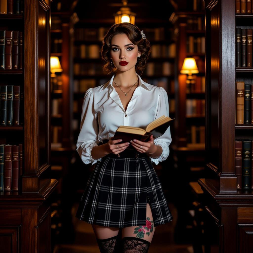 Vintage Woman in Library, Pre-Raphaelite Style