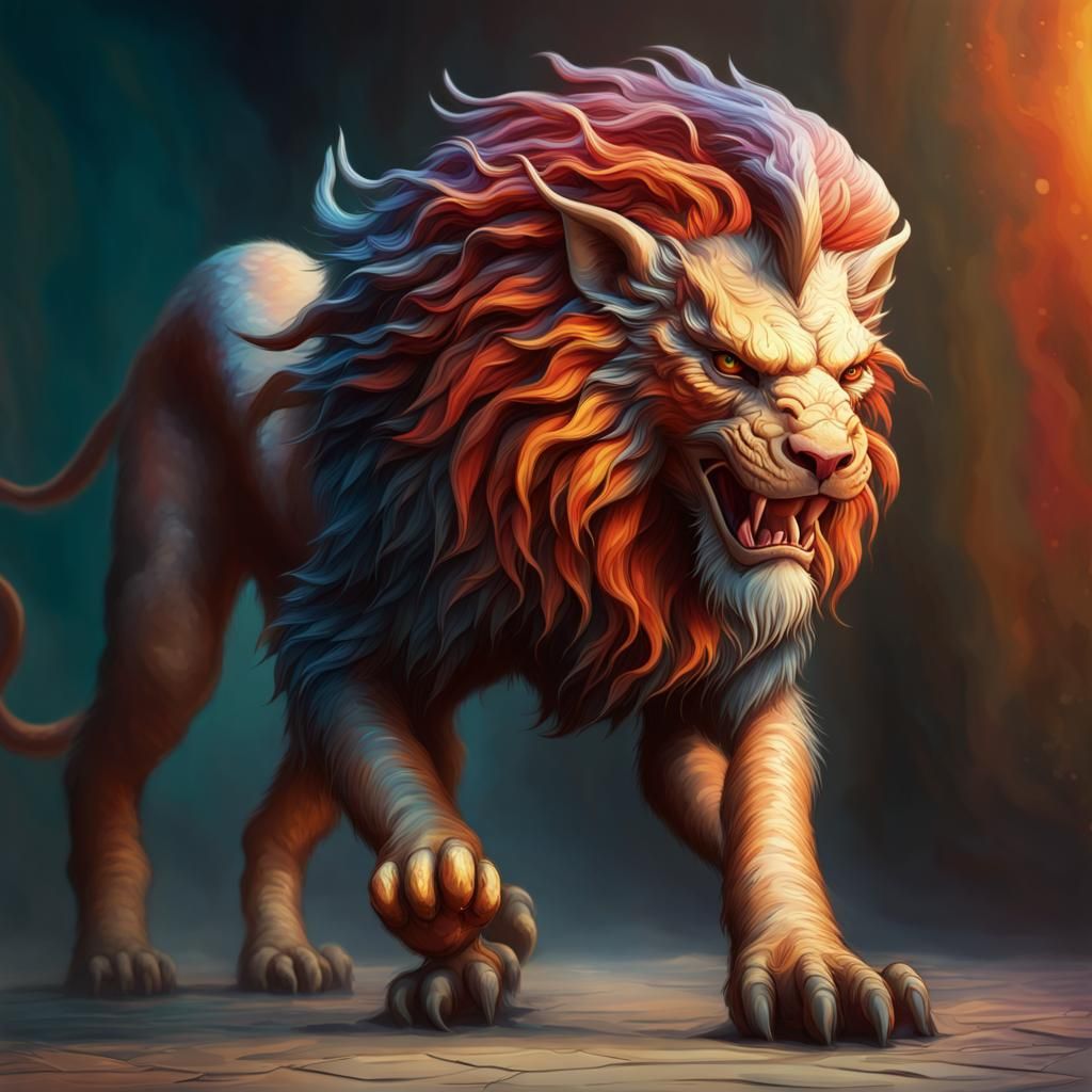 Hyperrealistic Manticore Stroll: Detailed Splash Art