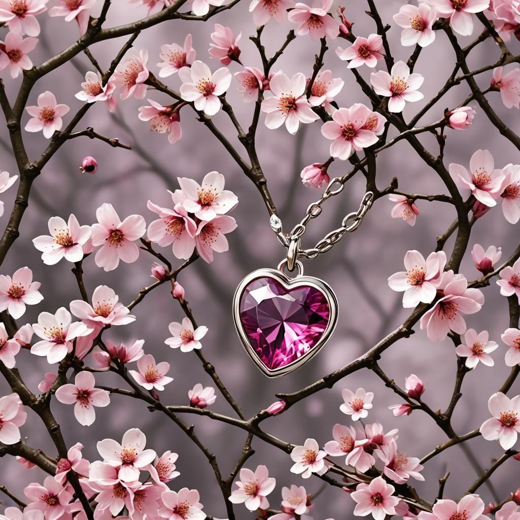 Enchanted Pink Sapphire Heart in Cherry Blossoms