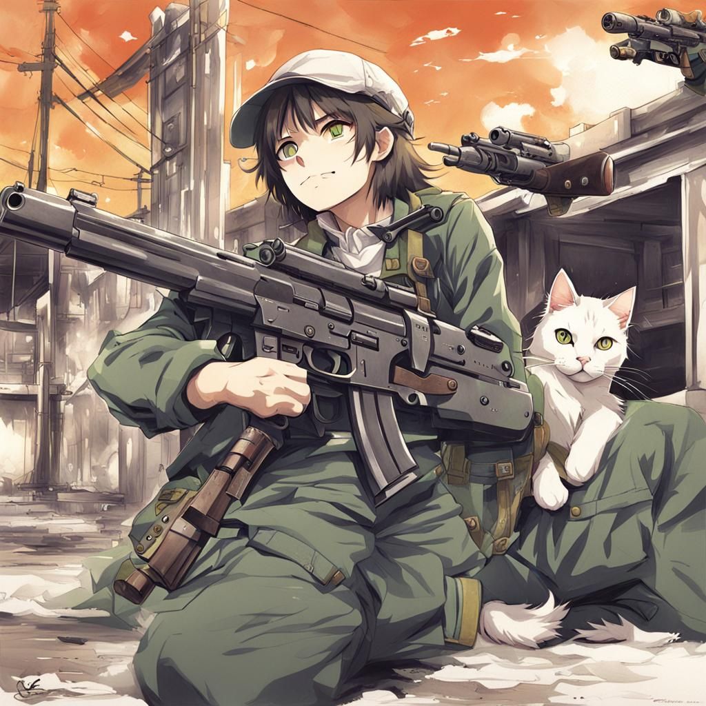 Cat with Gun in Anime Manga Style