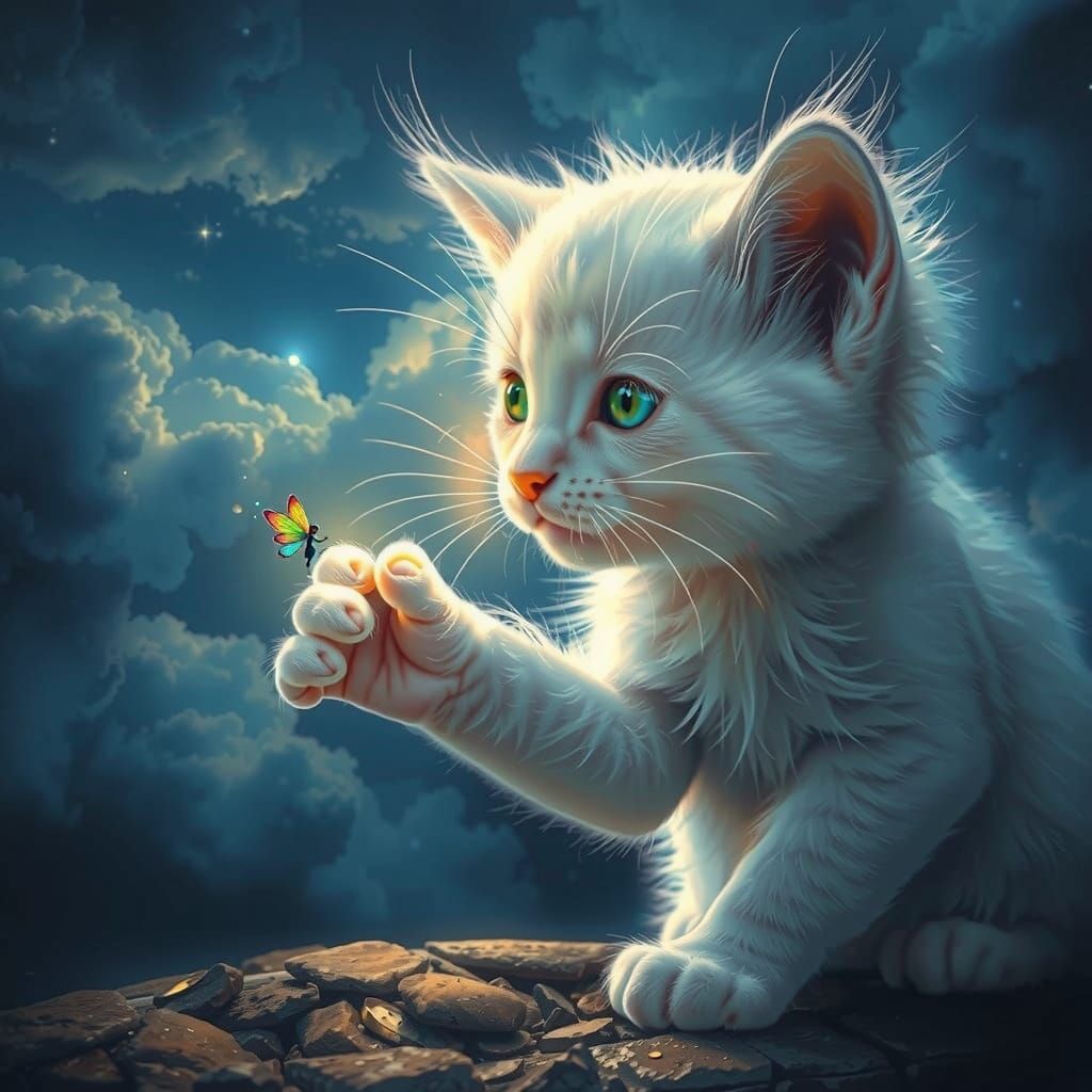 Whimsical Kitten Meets Shining Fairy in Midnight Sky
