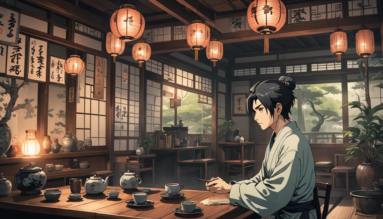 Young Man in Spooky Zen Tea House: Anime Style
