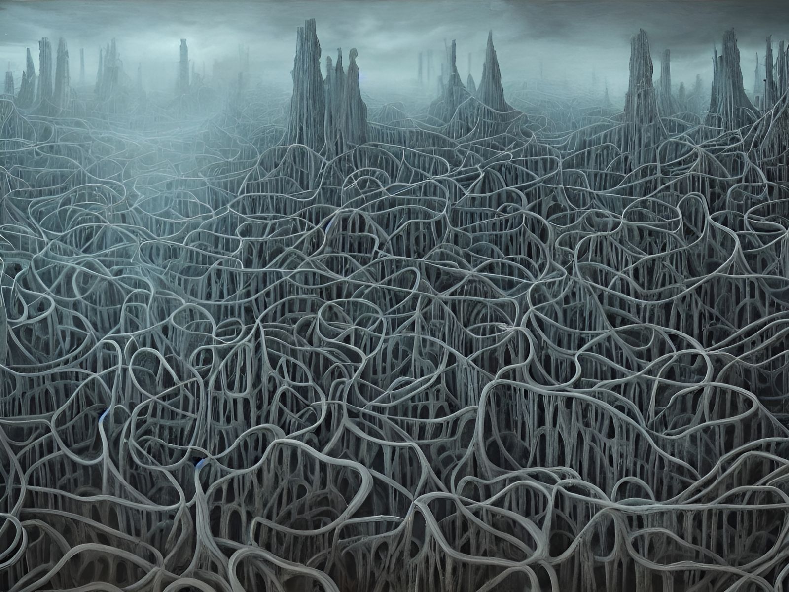 Gloomy Underground City in Maximalist 3D Oil Painting