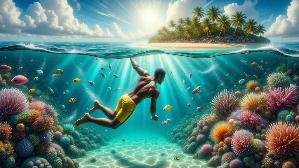 Pacific Islander Man Free Diving in Tropical Oceania