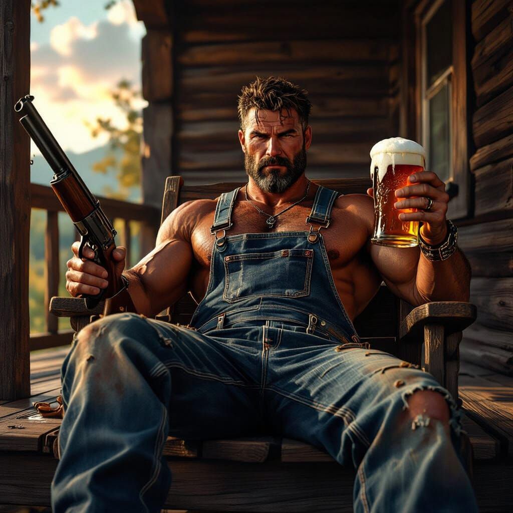 Shirtless Man with Shotgun and Beer on Porch
