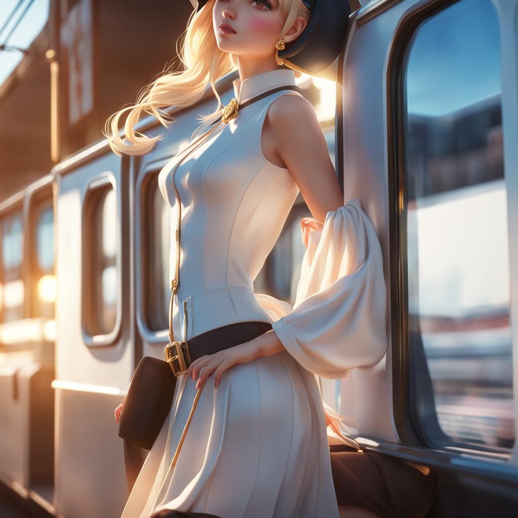 Anime Woman on Train in Golden Hour Lighting