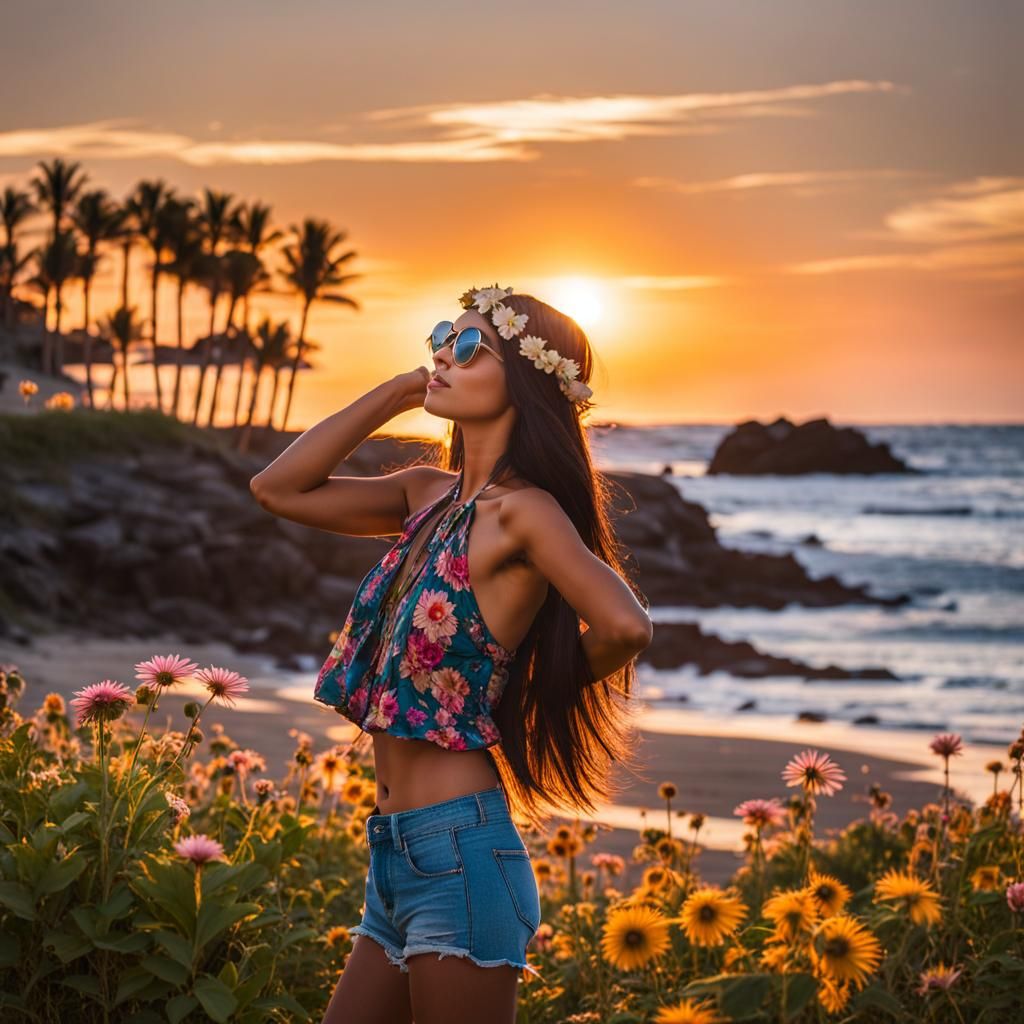 Hippie Girl with Flower on Beach at Sunset