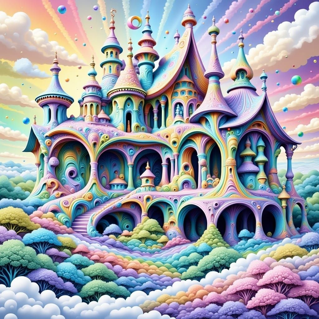 Psychedelic Fractal Mansion in Pastel Dreamscape