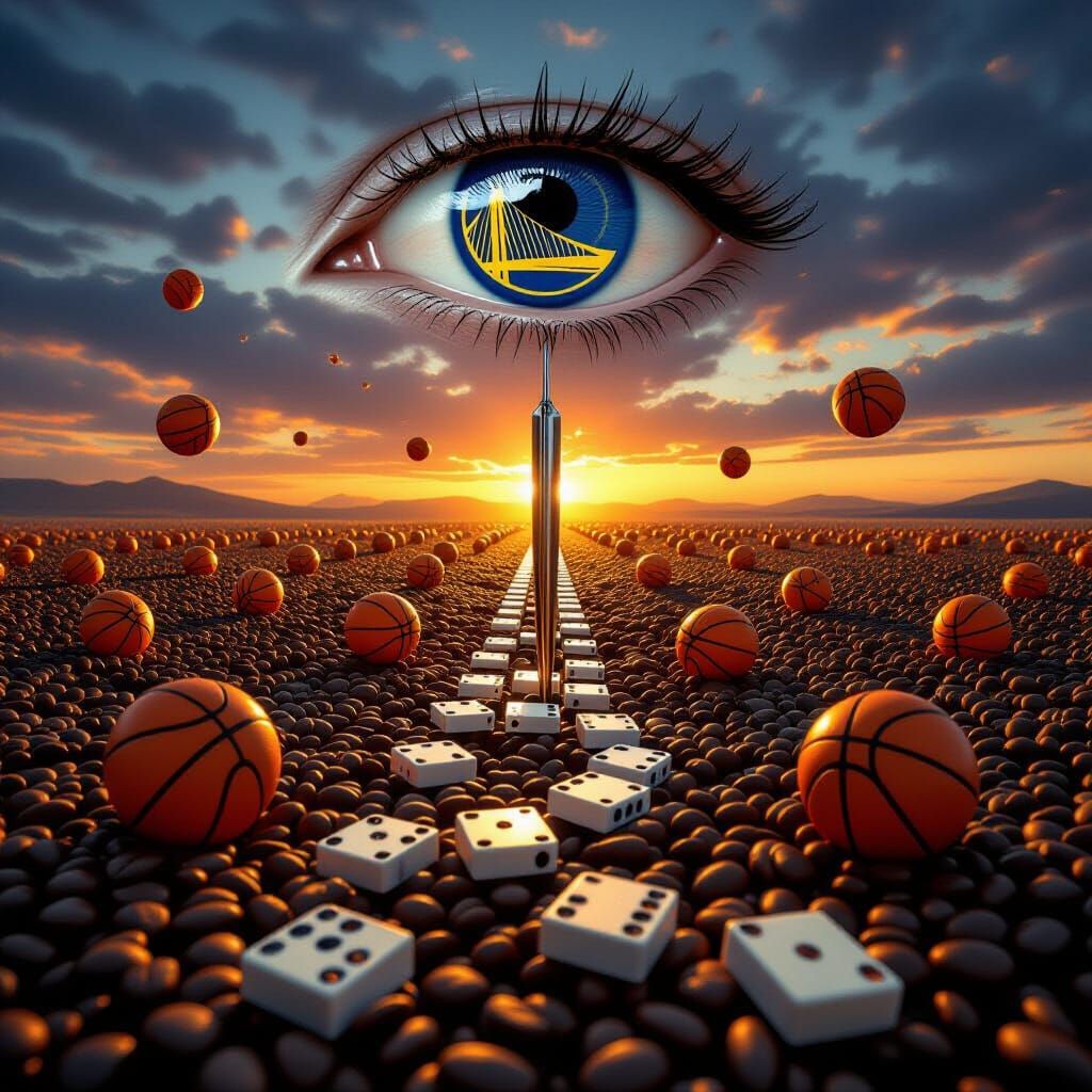 Surreal Coffee Bean Landscape with Dominos and Giant Eye