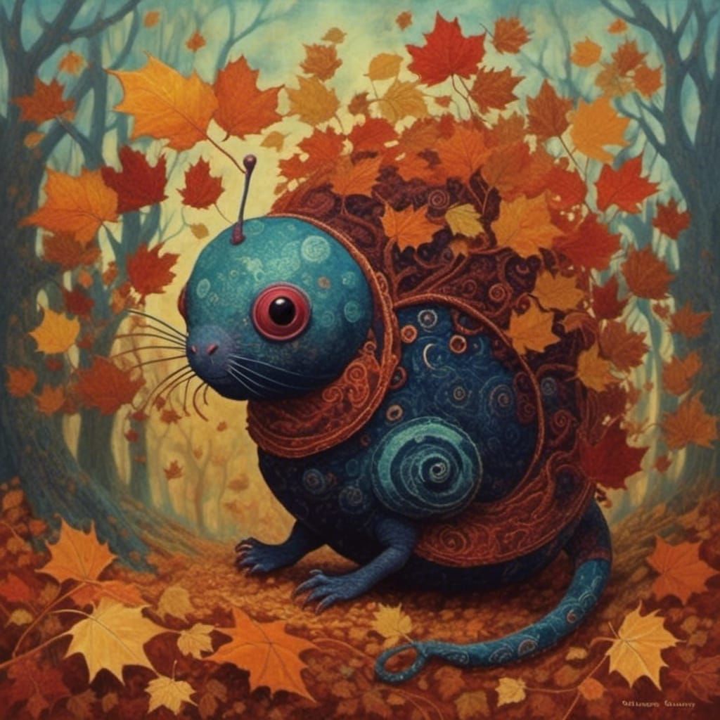 Gourd Creature in Autumn Leaves, Oil Painting