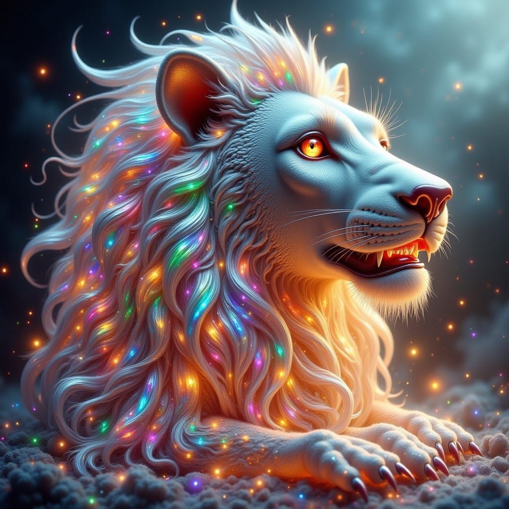 Iridescent Glass Lion in 3D Rendered Style
