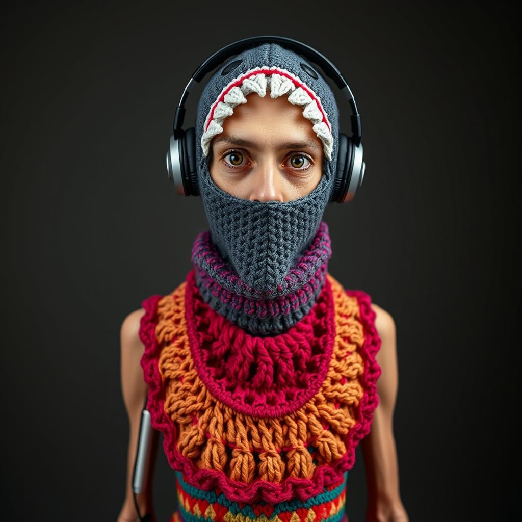 Surreal Crochet Portrait of a Thin Humanoid Figure