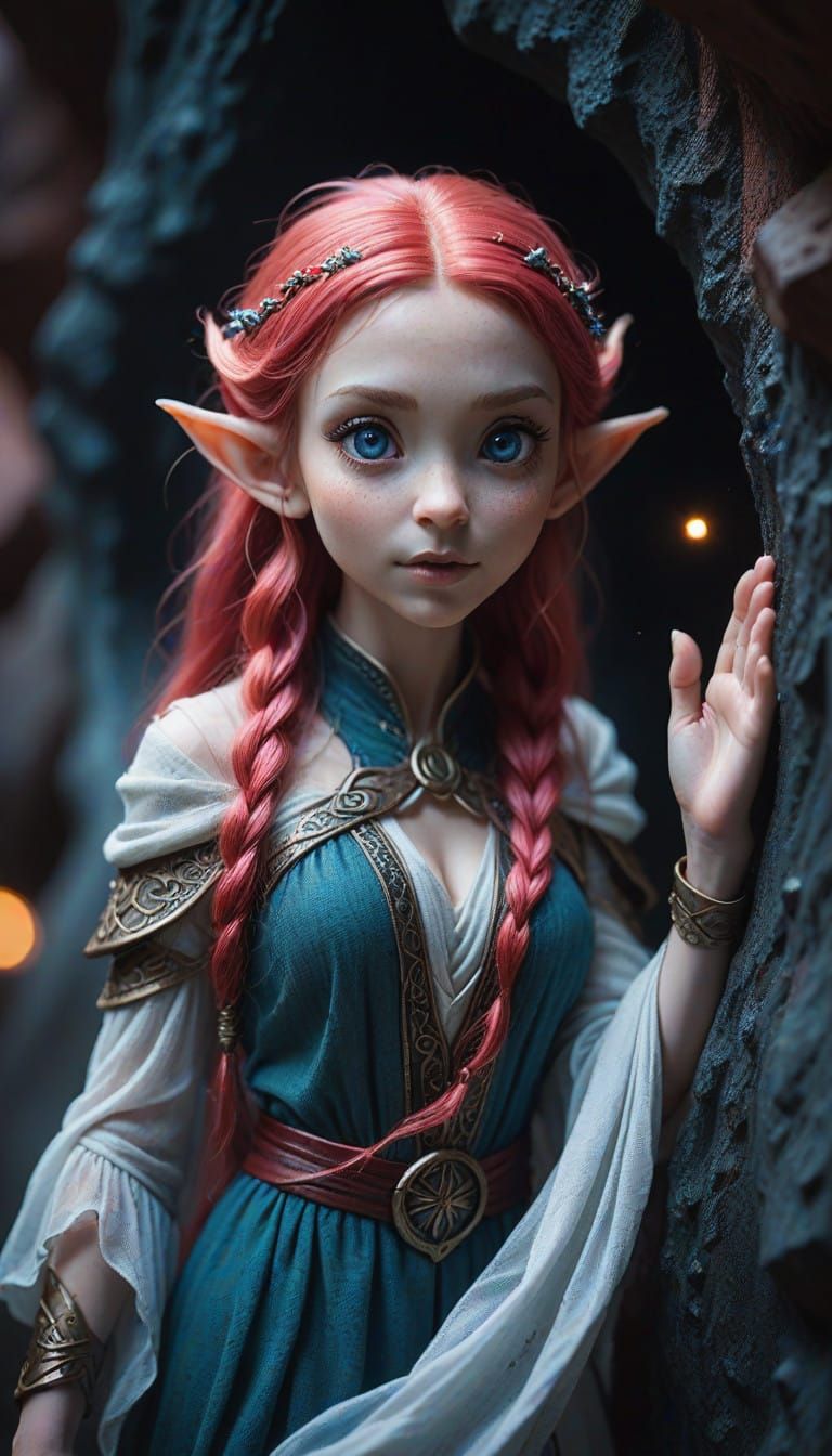 Miniature Elf Emerges from Quantum Portal in Ethereal Landsc...