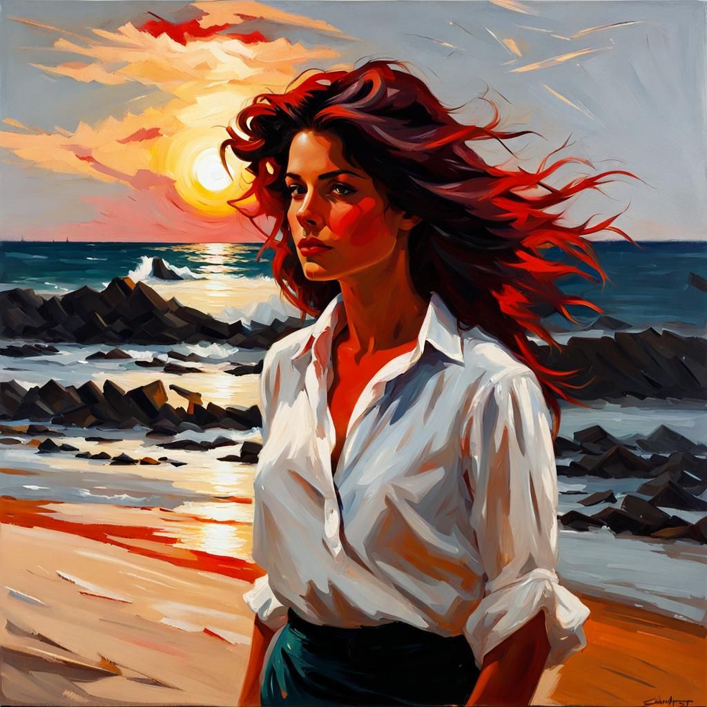 Brunette on Beach: Impasto Painting in Hopper Style
