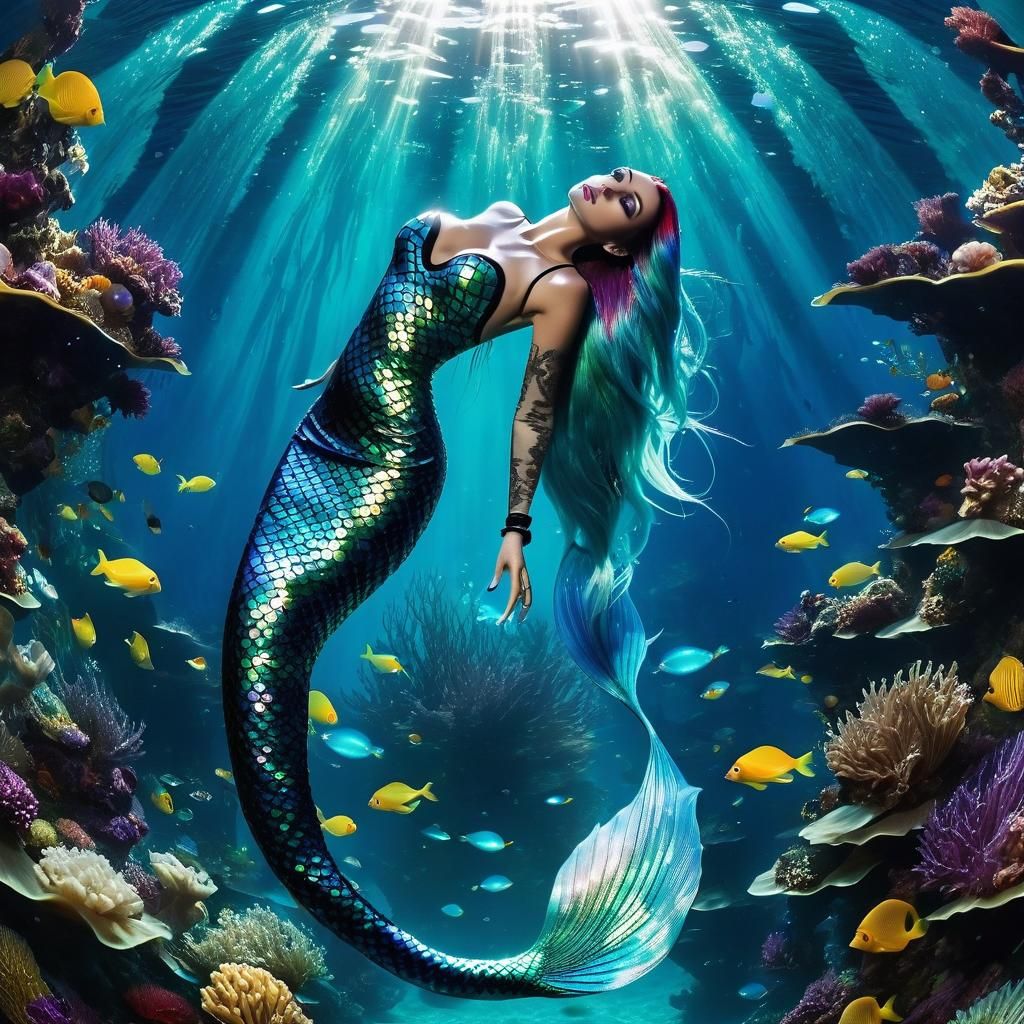 Mermaid in Atlantis Waterscape: Art Nouveau Illustration