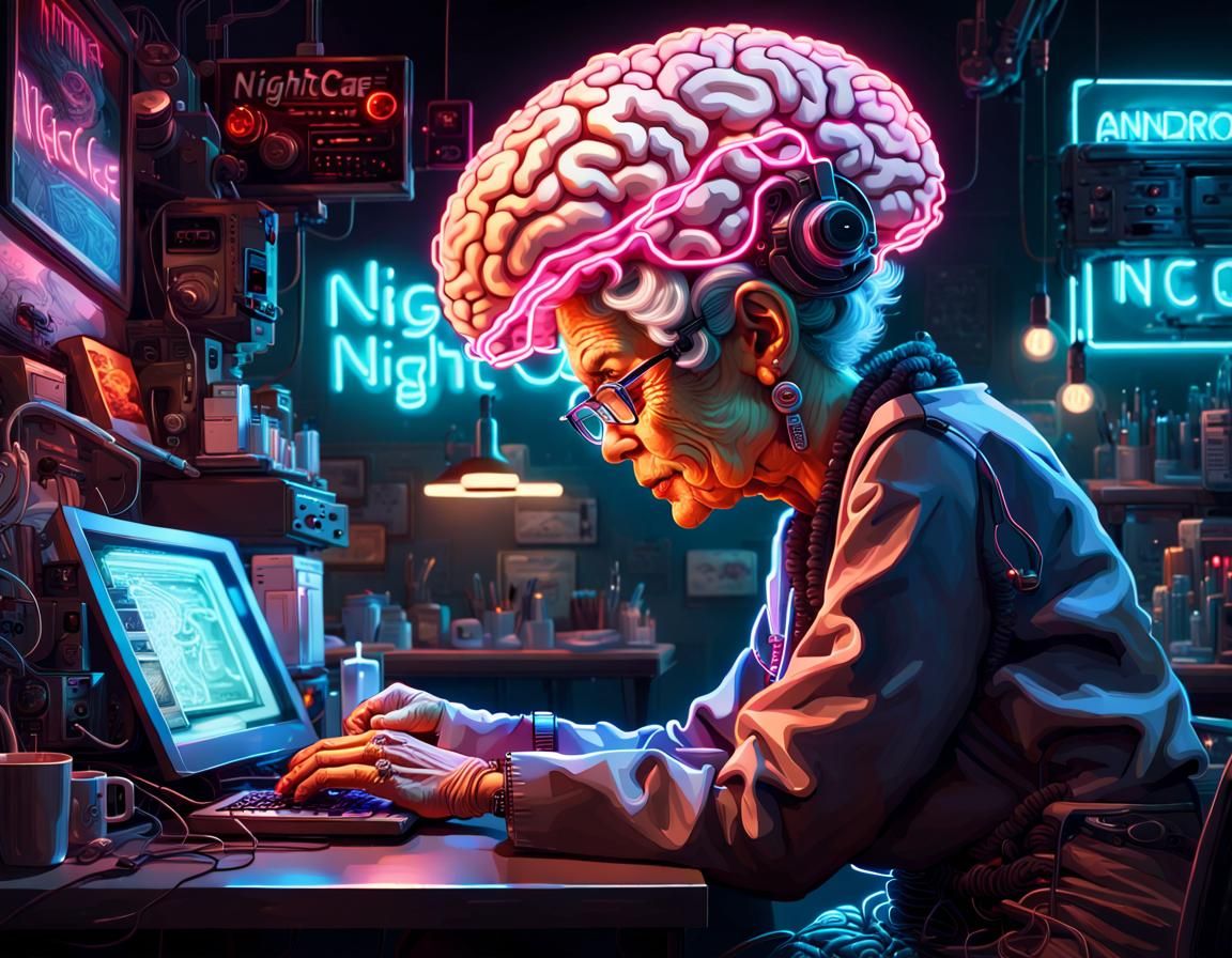 Cyberpunk Granny with Neon Sign, Afrofuturism Art