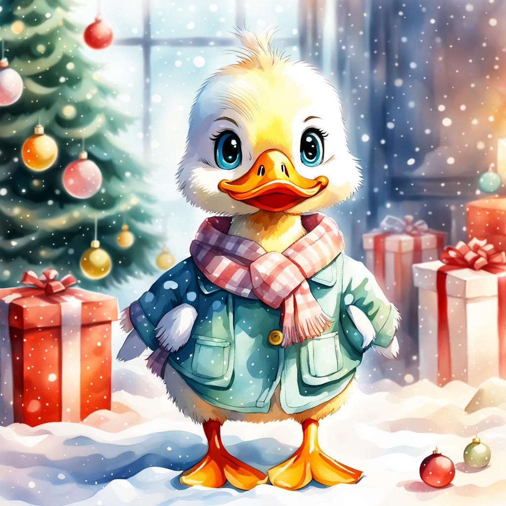 Cute Chibi Duck Celebrates Christmas in Watercolor Style