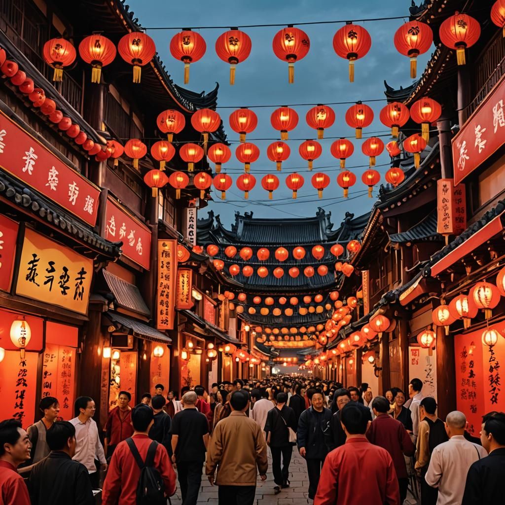 Vibrant East Asian Festival Street Scene at Twilight