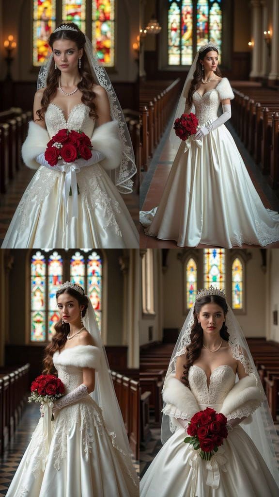 Elegant Bride in Historic Church with Vibrant Stained Glass
