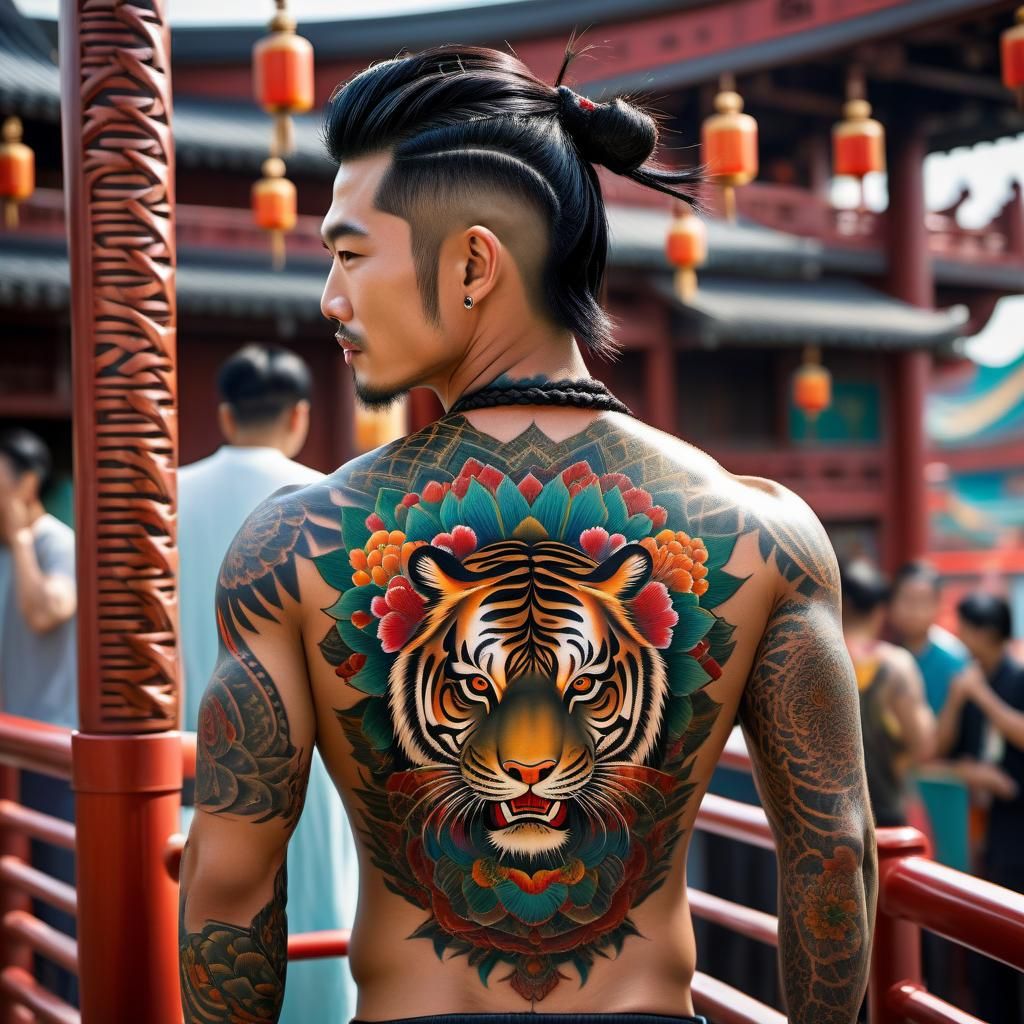 Asian Man with Tiger Tattoo in Anime Style
