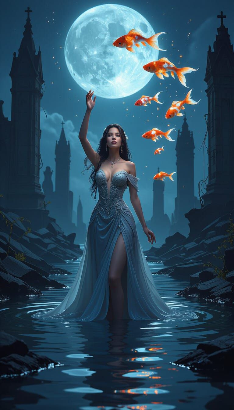 Moonlit Woman in Sunken Gothic City with Spectral Koi