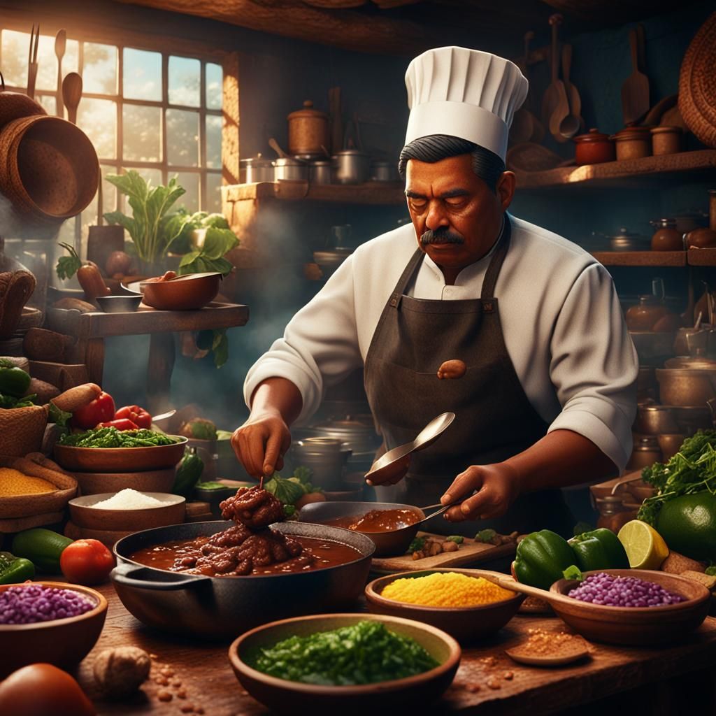 Mexican Chef Prepares Dish in Detailed Matte Painting