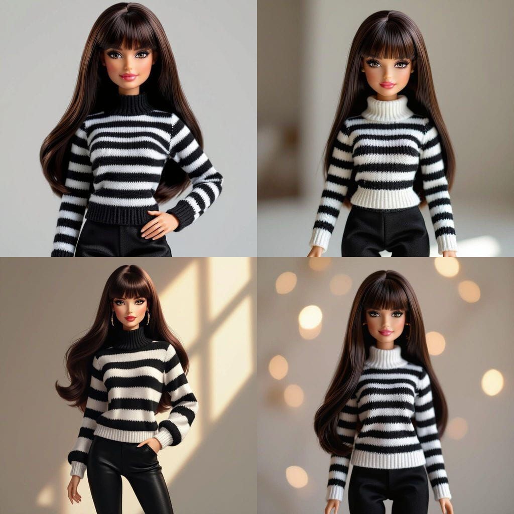Girl Doll with Dark Hair in Black and White Sweater