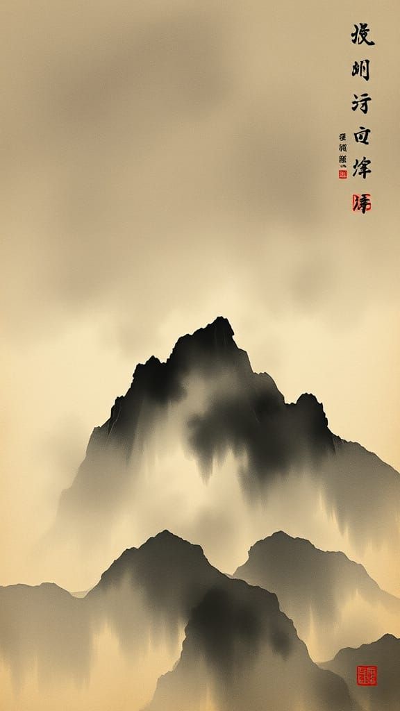 Misty Chinese Mountain Peak in Vintage Style