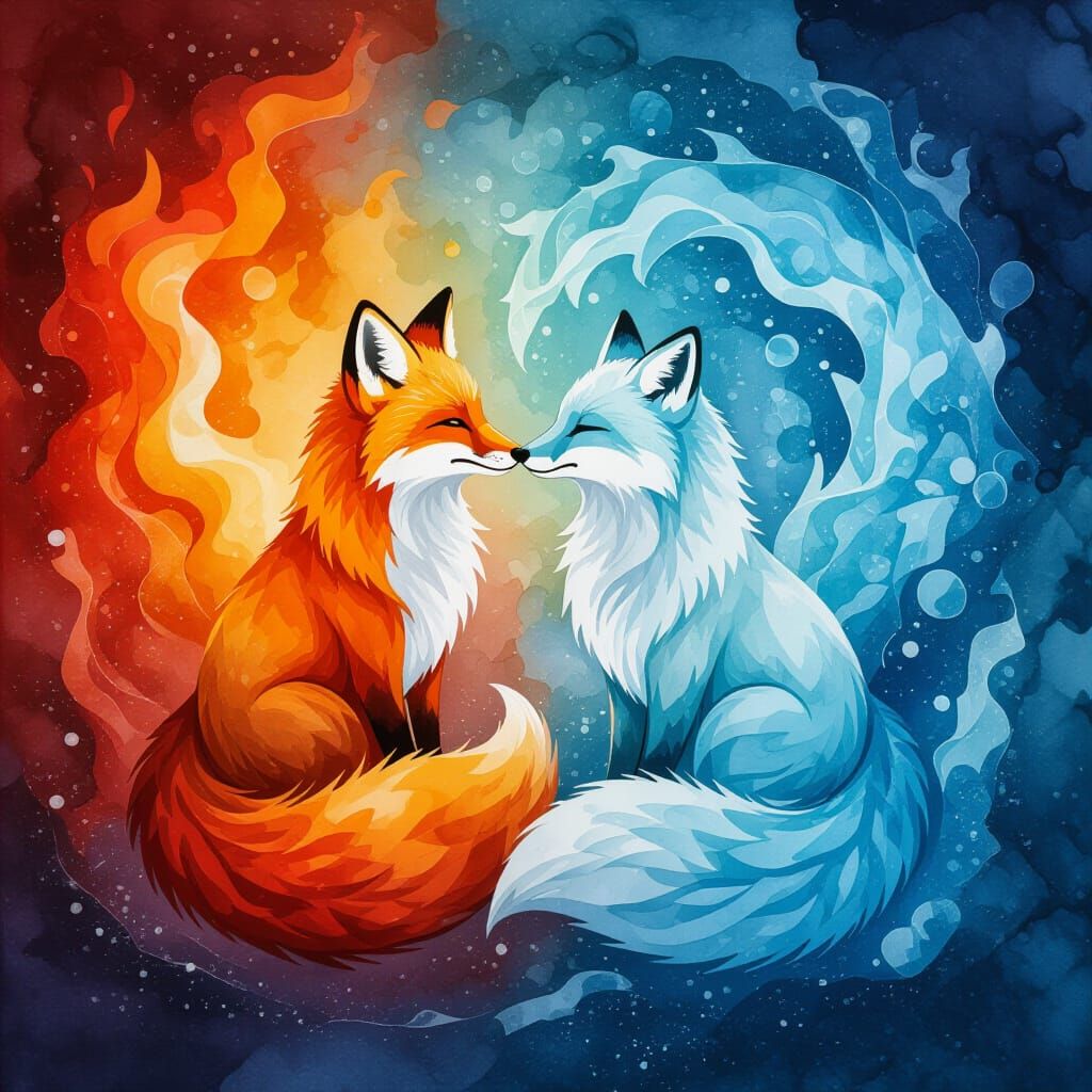 Fire and Ice Foxes Kissing in Alcohol Ink Style