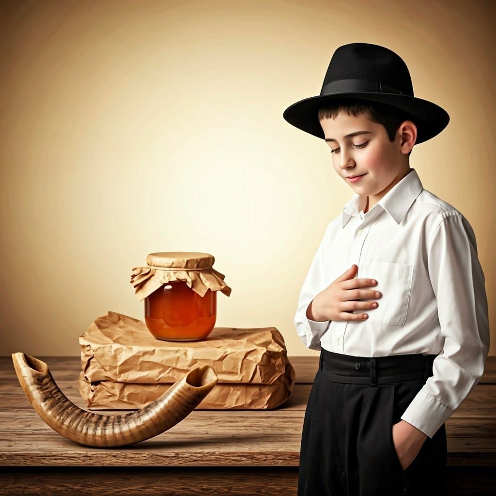 Shofar, Honey, and Boy in Traditional Folk Art Style