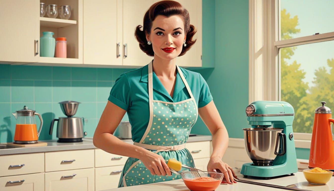 Retro Kitchen Scene with Woman Using Vintage Blender
