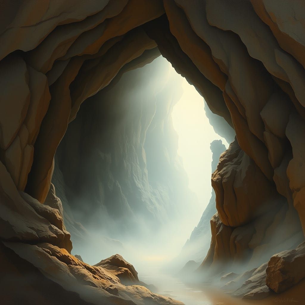 Serene Cave Sanctuary in Oil-Painting Realism