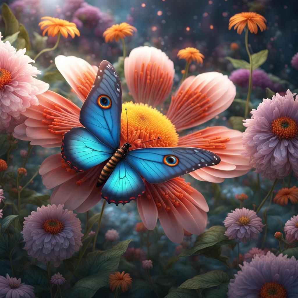 Butterfly Pollinating Flower: Whimsical Matte Painting