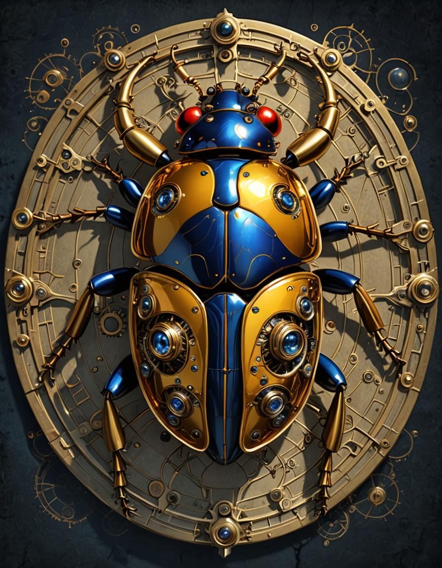 Steampunk Ladybug Beetle in Amber and Indigo