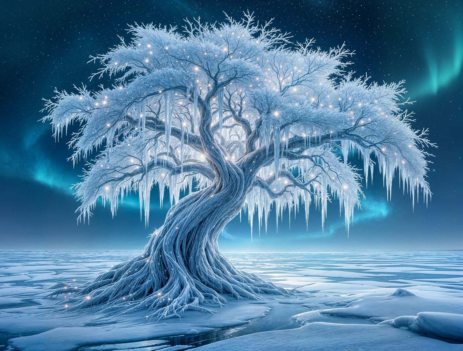Ancient Ice Tree Under Aurora Borealis Sky