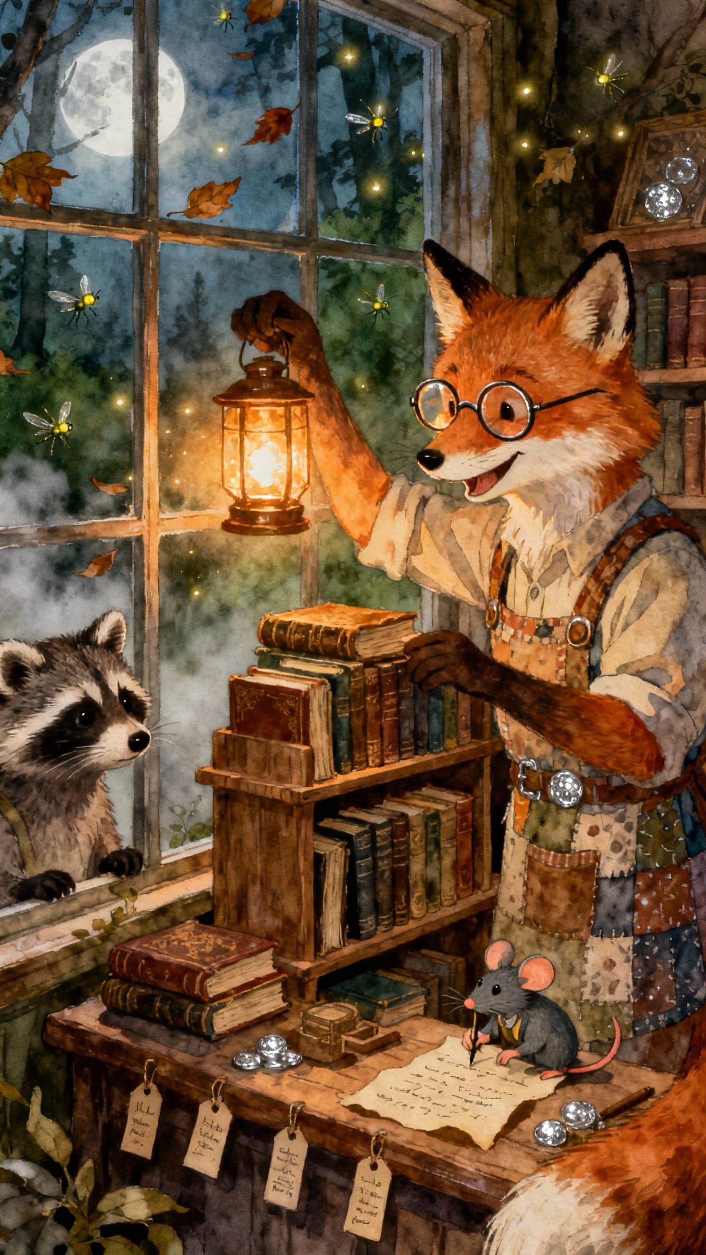 Enchanting Fox Bookstore Scene in Dreamy Watercolor