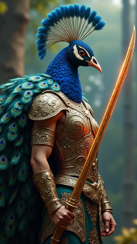 Peacock Gladiator in Floral Armor with Radiant Sword