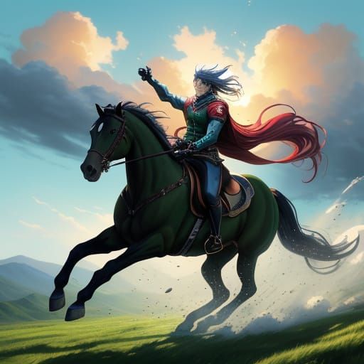 Anime Horse and Rider Galloping Through Fantasy Landscape