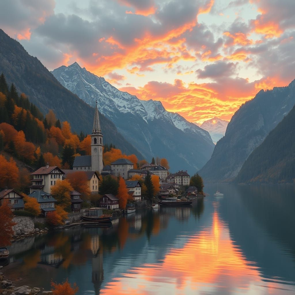 Hallstatt, Austria, at Sunset in Romantic Style